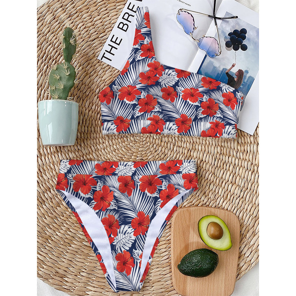 Red Hibiscus Tropical Pattern Print One Shoulder Bikini Top