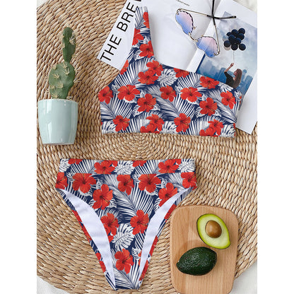 Red Hibiscus Tropical Pattern Print One Shoulder Bikini Top