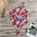 Red Hibiscus Tropical Pattern Print One Shoulder Bodysuit