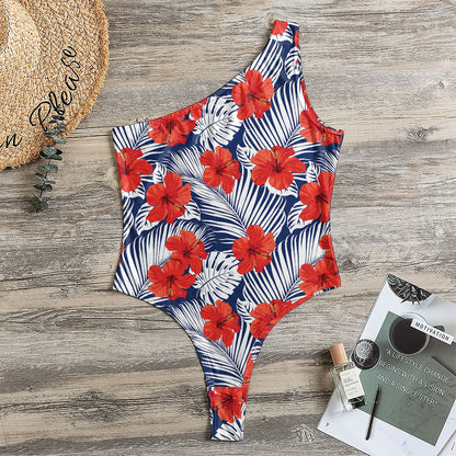 Red Hibiscus Tropical Pattern Print One Shoulder Bodysuit