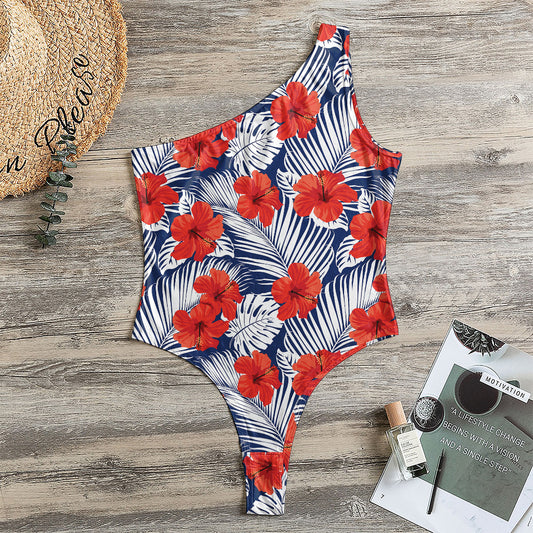 Red Hibiscus Tropical Pattern Print One Shoulder Bodysuit