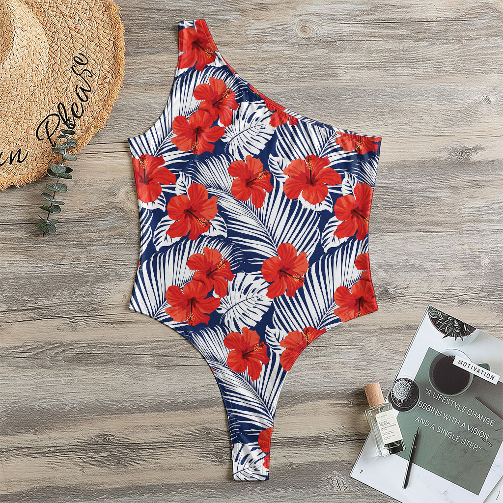 Red Hibiscus Tropical Pattern Print One Shoulder Bodysuit