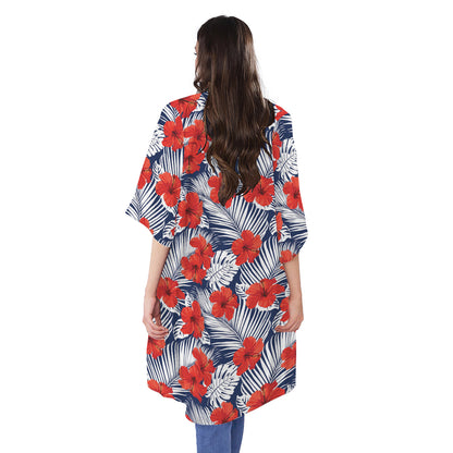Red Hibiscus Tropical Pattern Print Open Front Beach Cover Up