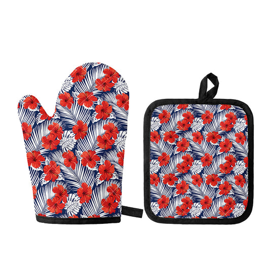 Red Hibiscus Tropical Pattern Print Oven Mitt And Pot Holder Set