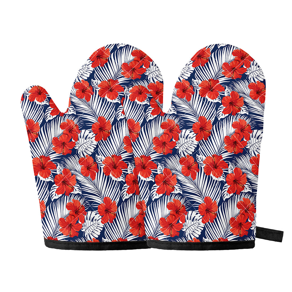 Red Hibiscus Tropical Pattern Print Oven Mitts