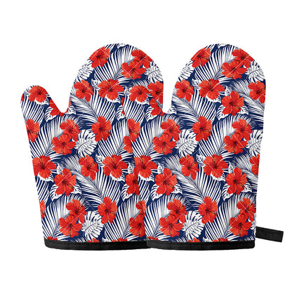 Red Hibiscus Tropical Pattern Print Oven Mitts
