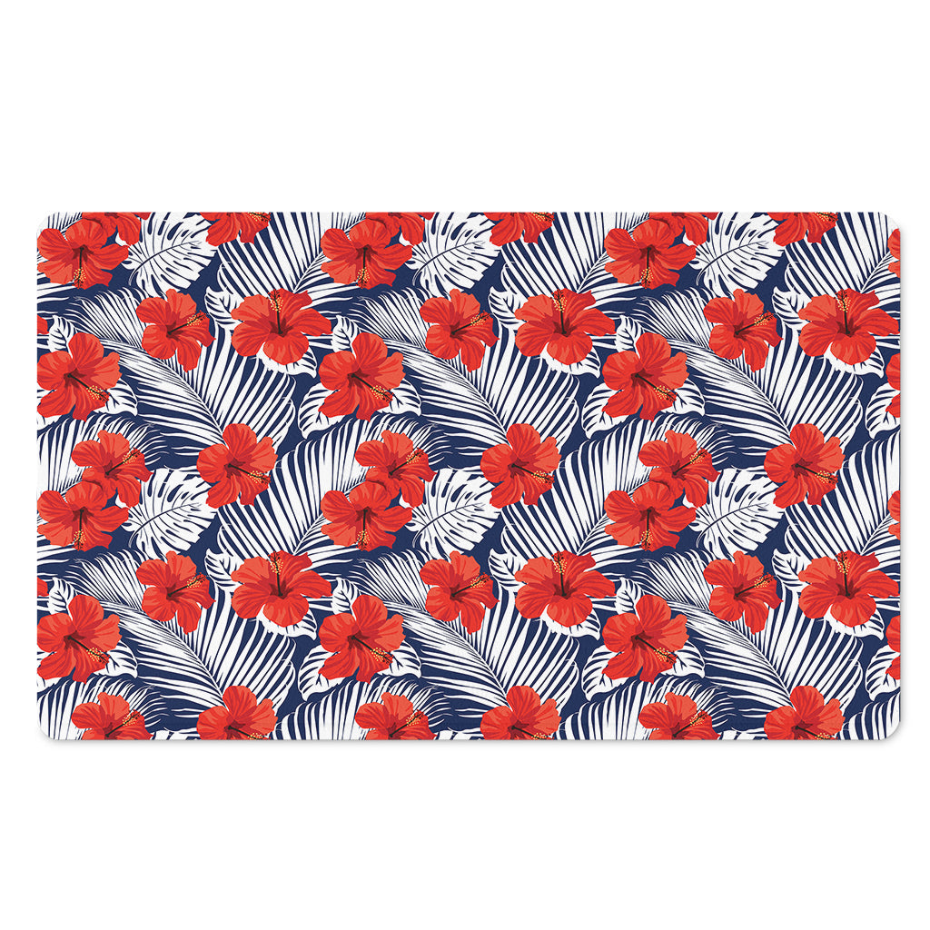 Red Hibiscus Tropical Pattern Print Polyester Doormat