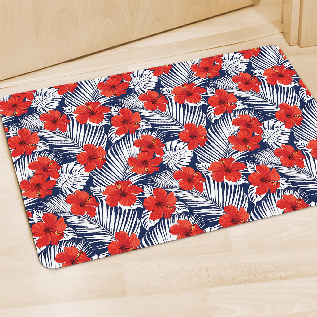 Red Hibiscus Tropical Pattern Print Polyester Doormat