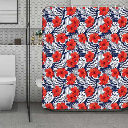 Red Hibiscus Tropical Pattern Print Polyester Shower Curtain