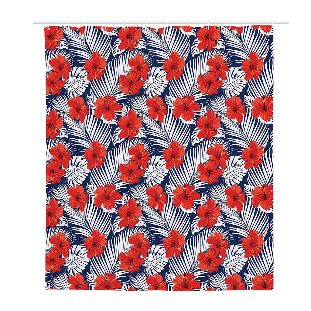 Red Hibiscus Tropical Pattern Print Polyester Shower Curtain