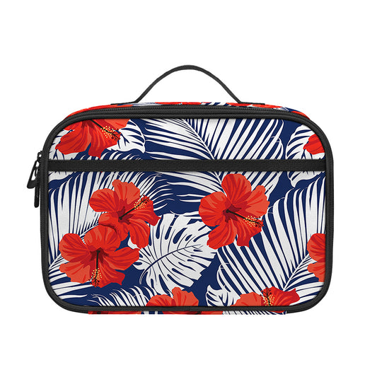 Red Hibiscus Tropical Pattern Print Portable Lunch Bag