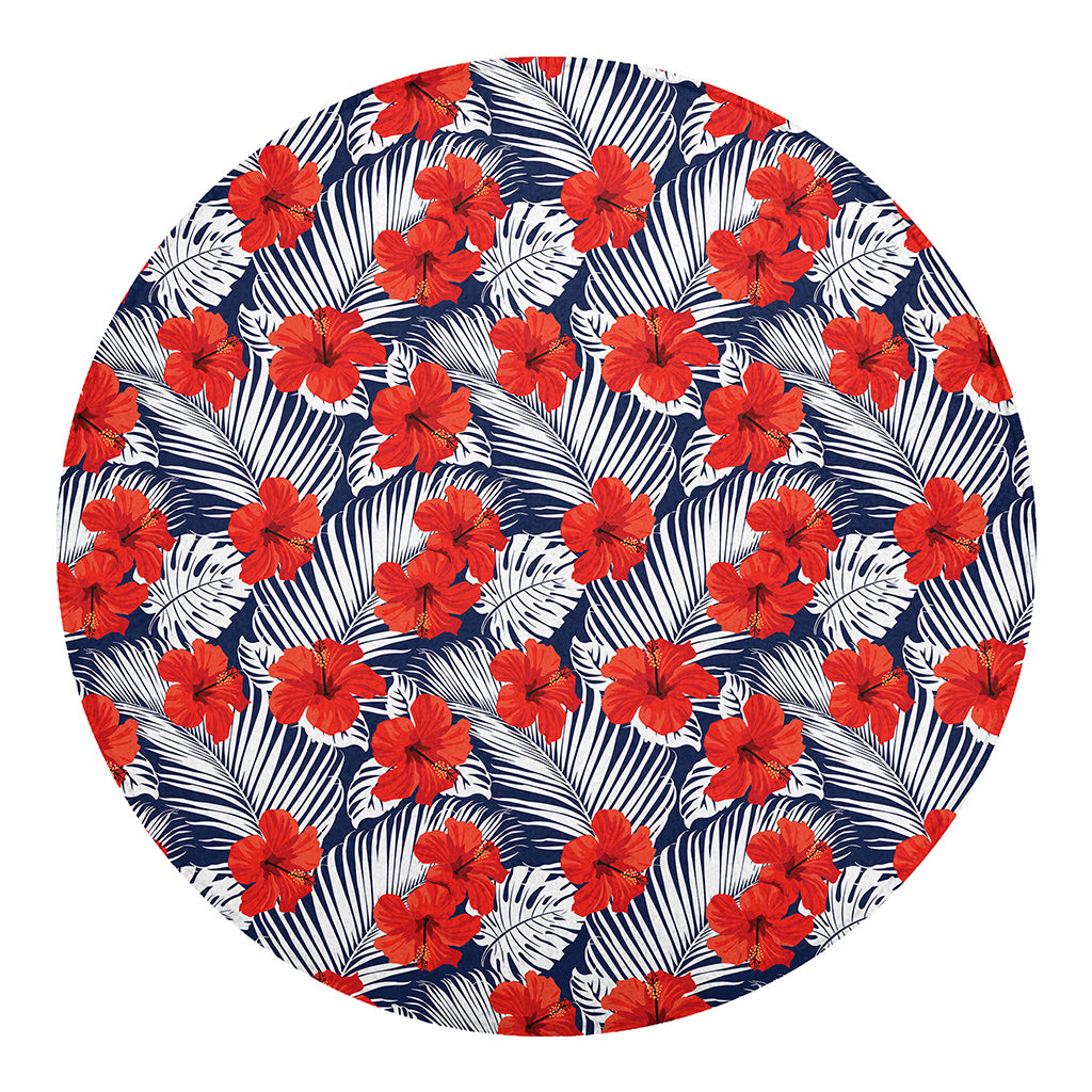Red Hibiscus Tropical Pattern Print Round Blanket