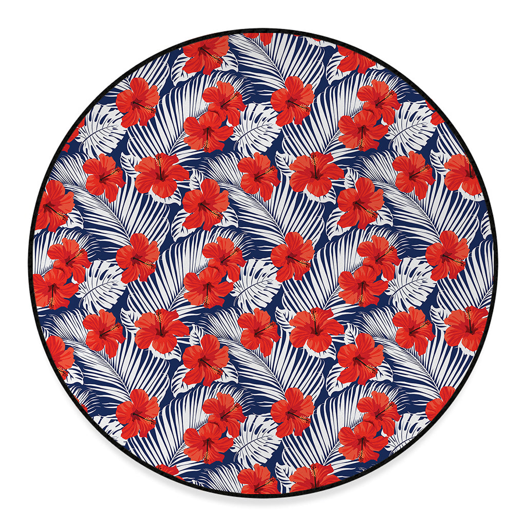 Red Hibiscus Tropical Pattern Print Round Floor Mat