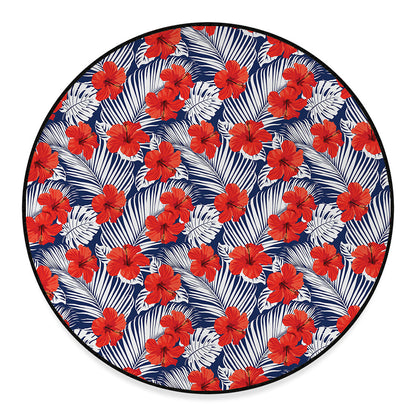 Red Hibiscus Tropical Pattern Print Round Floor Mat