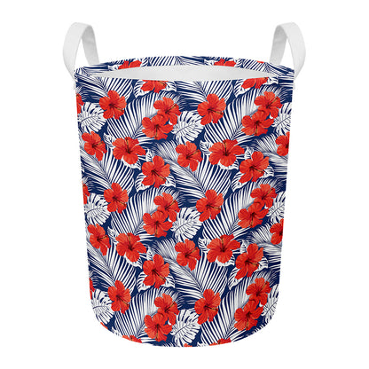 Red Hibiscus Tropical Pattern Print Round Laundry Basket