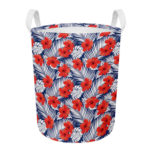 Red Hibiscus Tropical Pattern Print Round Laundry Basket