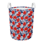 Red Hibiscus Tropical Pattern Print Round Laundry Basket
