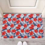 Red Hibiscus Tropical Pattern Print Rubber Doormat