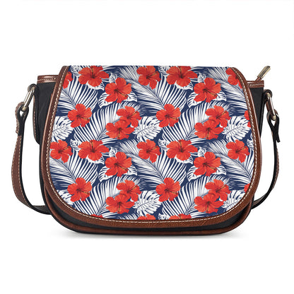Red Hibiscus Tropical Pattern Print Saddle Bag
