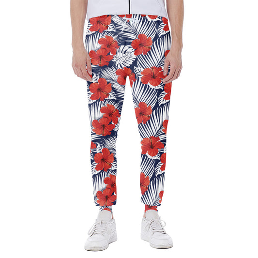Red Hibiscus Tropical Pattern Print Scuba Joggers