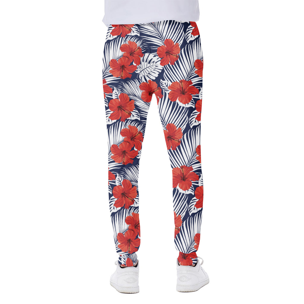 Red Hibiscus Tropical Pattern Print Scuba Joggers