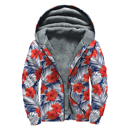 Red Hibiscus Tropical Pattern Print Sherpa Lined Zip Up Hoodie