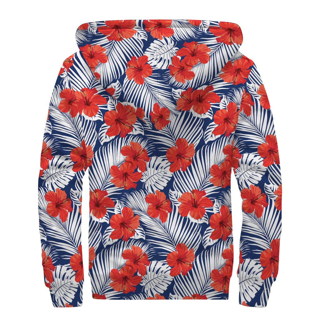 Red Hibiscus Tropical Pattern Print Sherpa Lined Zip Up Hoodie