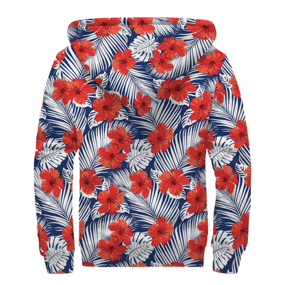 Red Hibiscus Tropical Pattern Print Sherpa Lined Zip Up Hoodie