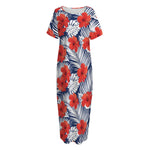 Red Hibiscus Tropical Pattern Print Short Sleeve Long Nightdress