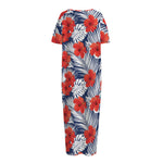 Red Hibiscus Tropical Pattern Print Short Sleeve Long Nightdress