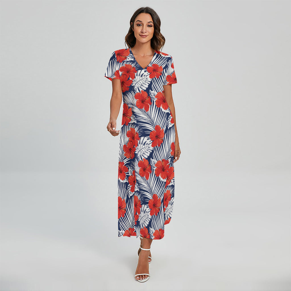 Red Hibiscus Tropical Pattern Print Short Sleeve Maxi Dress