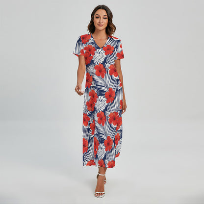 Red Hibiscus Tropical Pattern Print Short Sleeve Maxi Dress