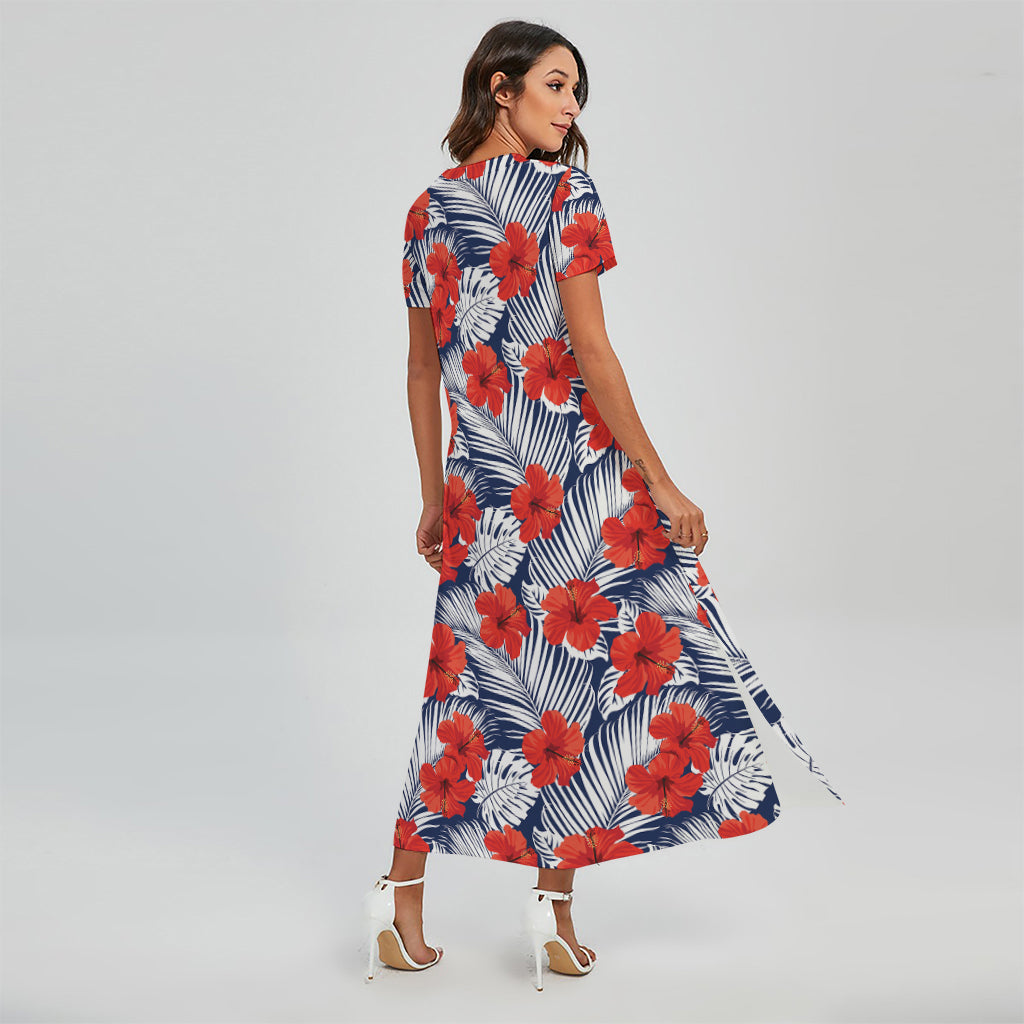 Red Hibiscus Tropical Pattern Print Short Sleeve Maxi Dress