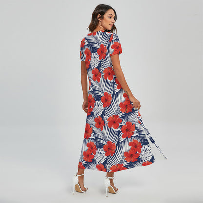 Red Hibiscus Tropical Pattern Print Short Sleeve Maxi Dress