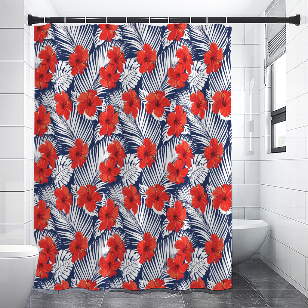 Red Hibiscus Tropical Pattern Print Shower Curtain