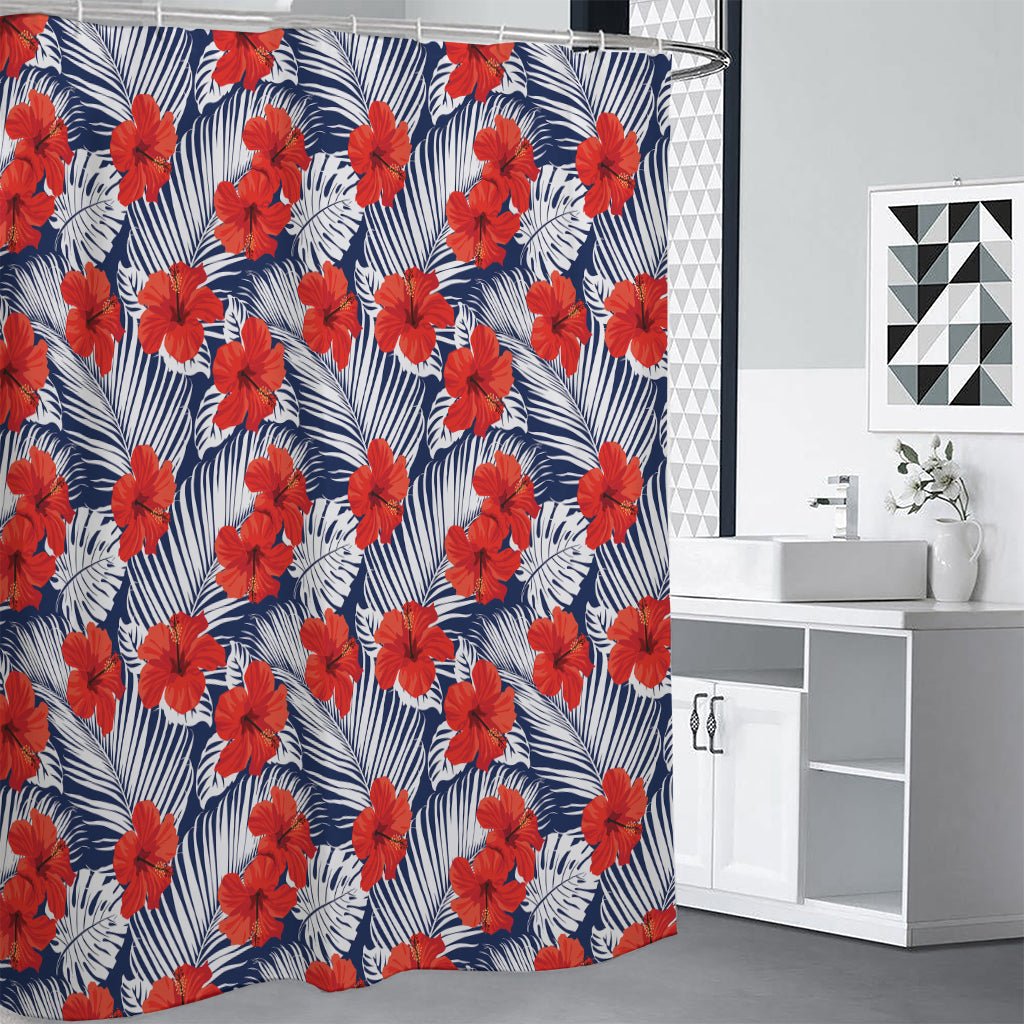 Red Hibiscus Tropical Pattern Print Shower Curtain