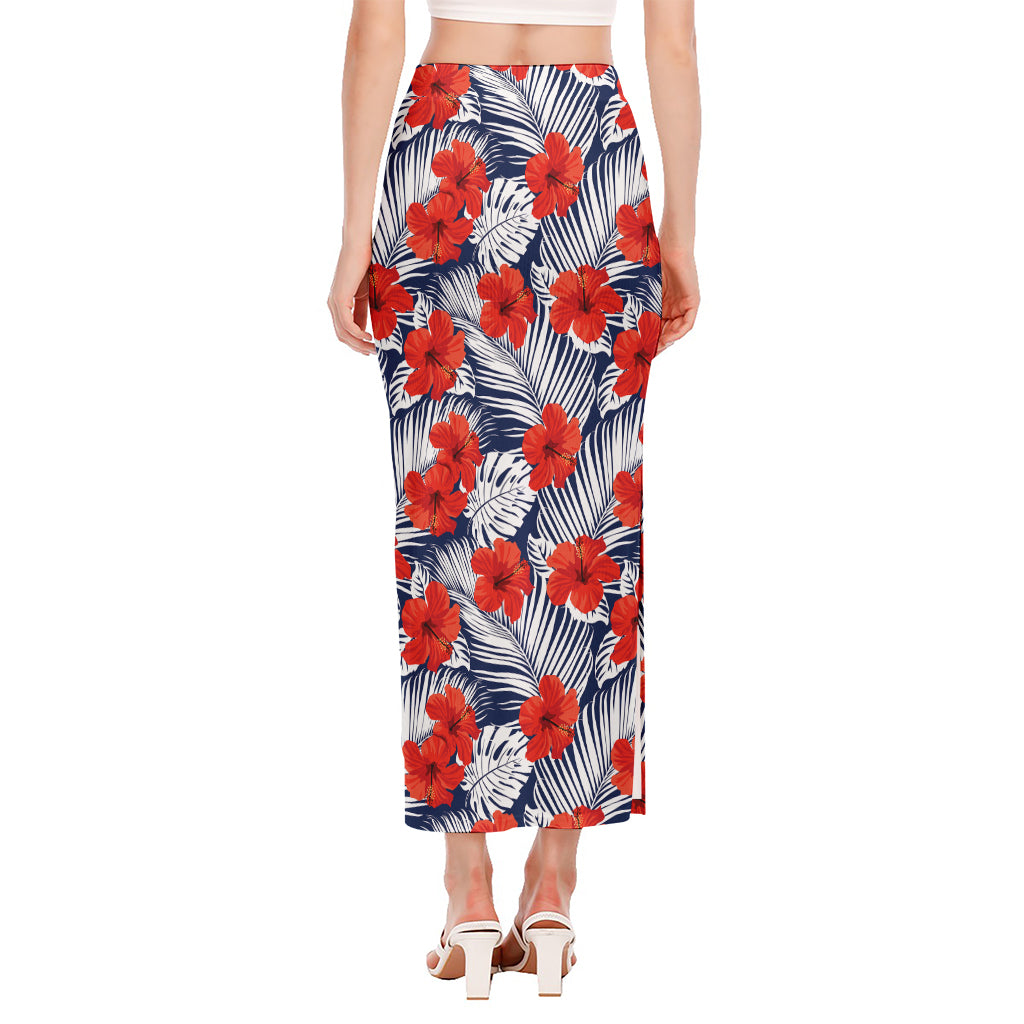 Red Hibiscus Tropical Pattern Print Side Slit Maxi Skirt