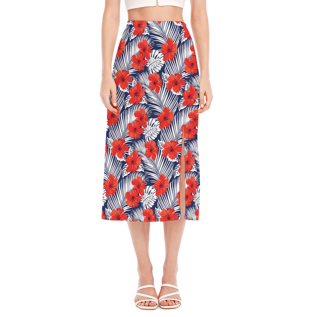 Red Hibiscus Tropical Pattern Print Side Slit Midi Skirt
