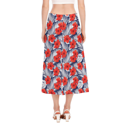 Red Hibiscus Tropical Pattern Print Side Slit Midi Skirt