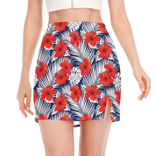 Red Hibiscus Tropical Pattern Print Side Slit Mini Skirt