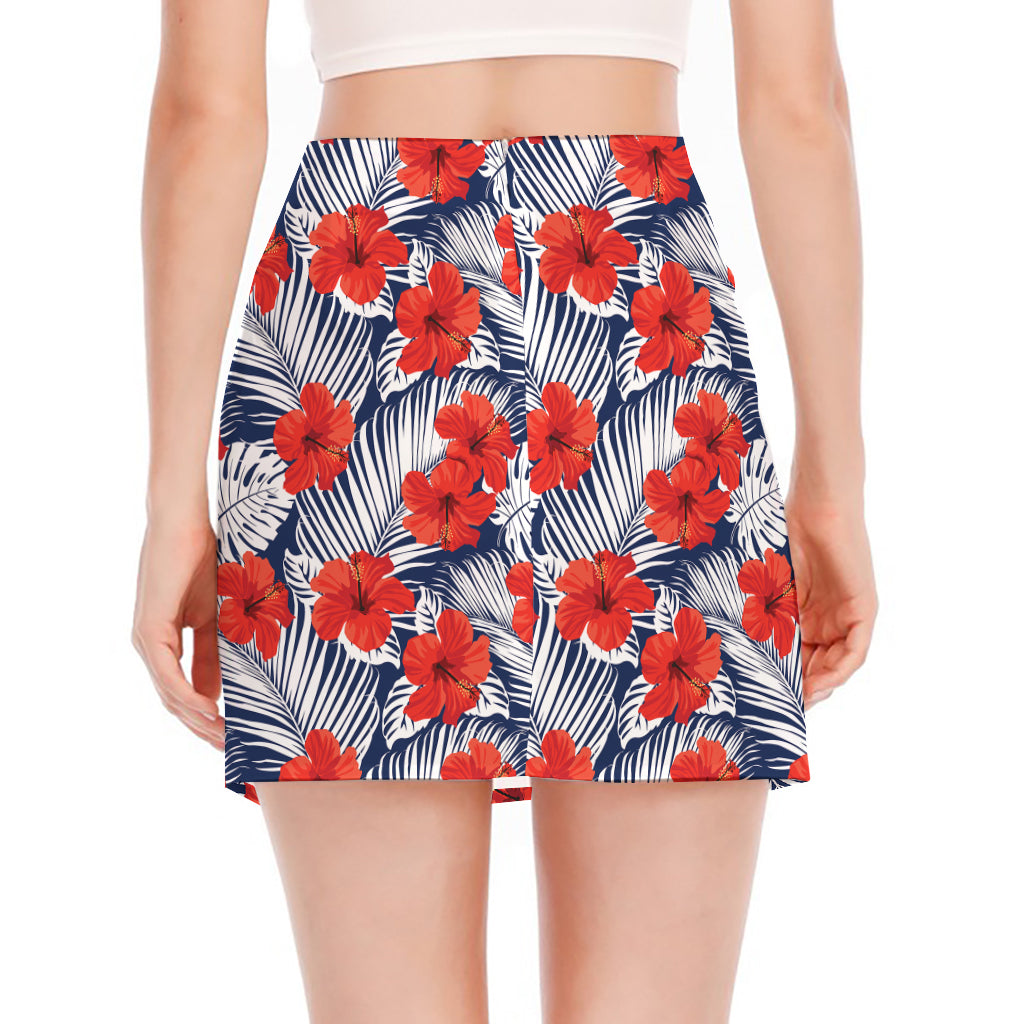 Red Hibiscus Tropical Pattern Print Side Slit Mini Skirt