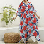 Red Hibiscus Tropical Pattern Print Silk V-Neck Kaftan Dress