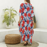 Red Hibiscus Tropical Pattern Print Silk V-Neck Kaftan Dress