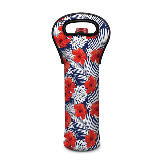 Red Hibiscus Tropical Pattern Print Single Neoprene Wine Tote