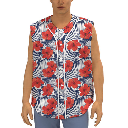Red Hibiscus Tropical Pattern Print Sleeveless Baseball Jersey