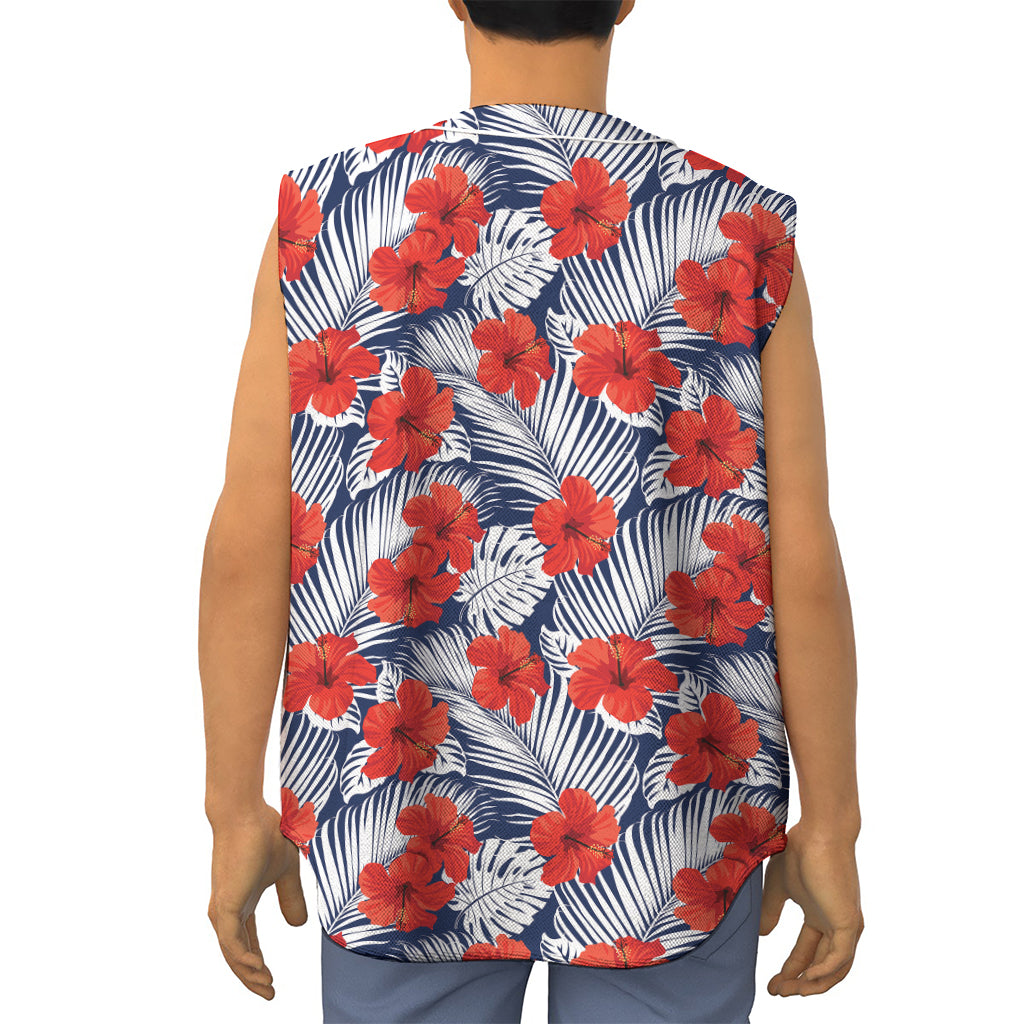 Red Hibiscus Tropical Pattern Print Sleeveless Baseball Jersey