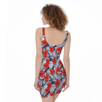 Red Hibiscus Tropical Pattern Print Sleeveless Bodycon Dress