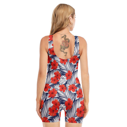 Red Hibiscus Tropical Pattern Print Sleeveless One Piece Swimsuit