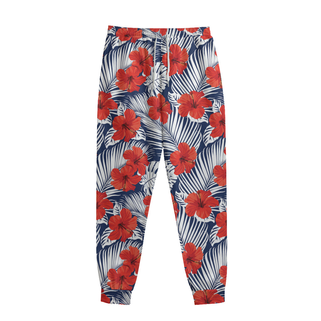 Red Hibiscus Tropical Pattern Print Sweatpants