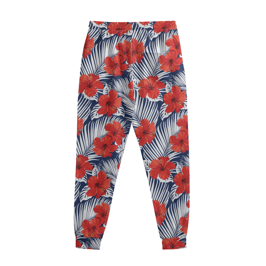 Red Hibiscus Tropical Pattern Print Sweatpants